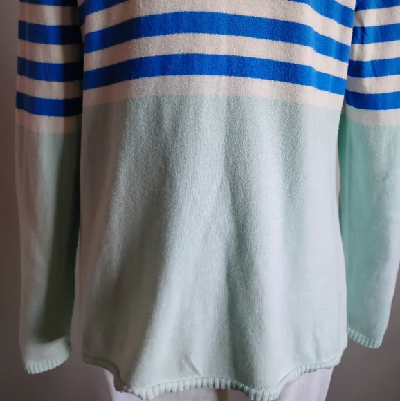 Talbots Cotton Cashmere Open Cardigan Stripe Blue Aqua Classic Size Large - Picture 11 of 15